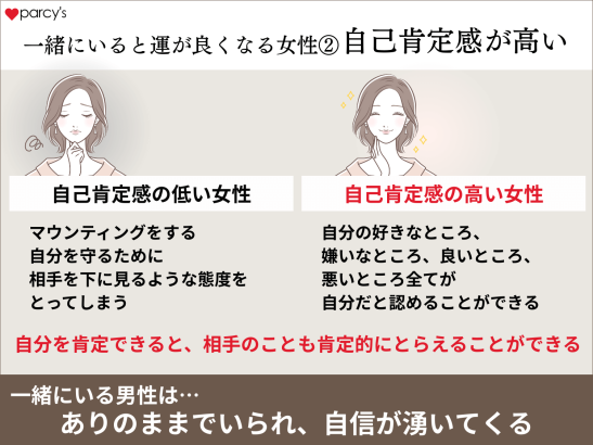 一緒にいると運が良くなる女性②あげまん女性は自己肯定感が高い