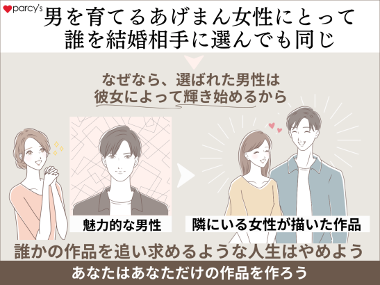 男を育てるあげまん女性にとっては「誰を結婚相手に選んでも同じ、だってみんな魅力的な男性になっていくから」